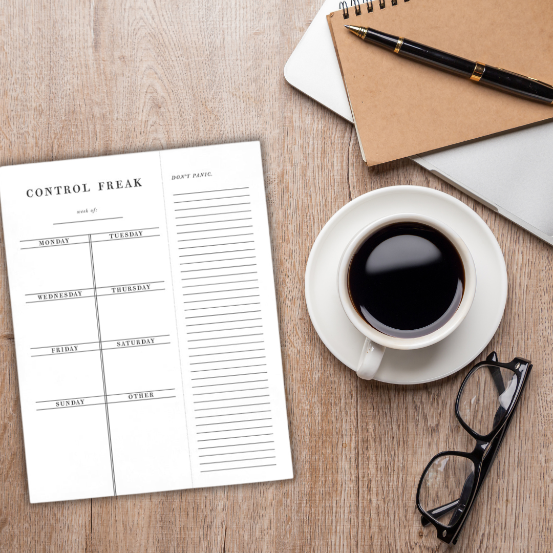 Set of 2 Control Freak Weekly List Notepads, 8.5" x 11", featuring sections for daily planning and notes.