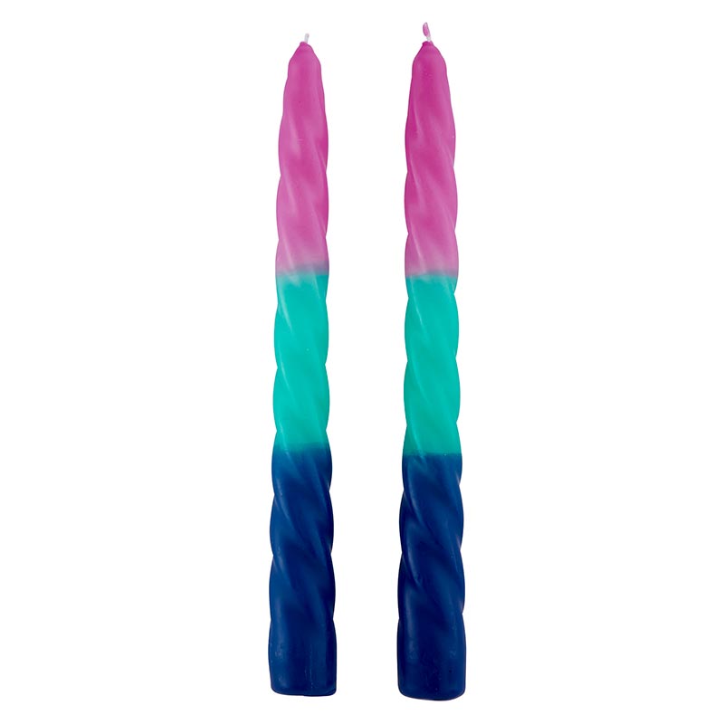 Set of 2 pastel taper candles in pink, green, and blue with an ombre design, perfect for aesthetic decor and romantic dining.