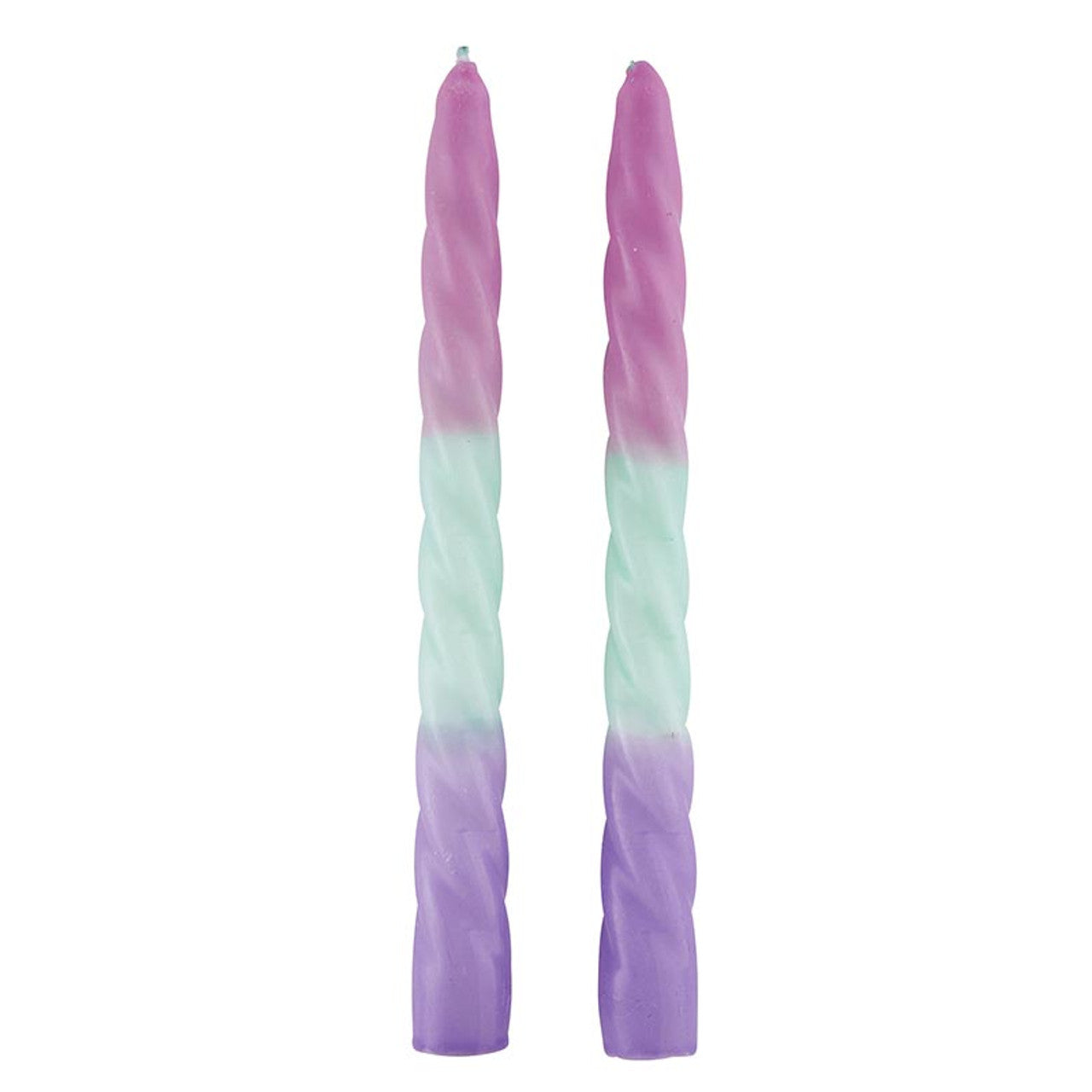 Set of 2 pastel taper candles in pink, mint, and purple with an aesthetic spiral design, perfect for romantic dining settings.