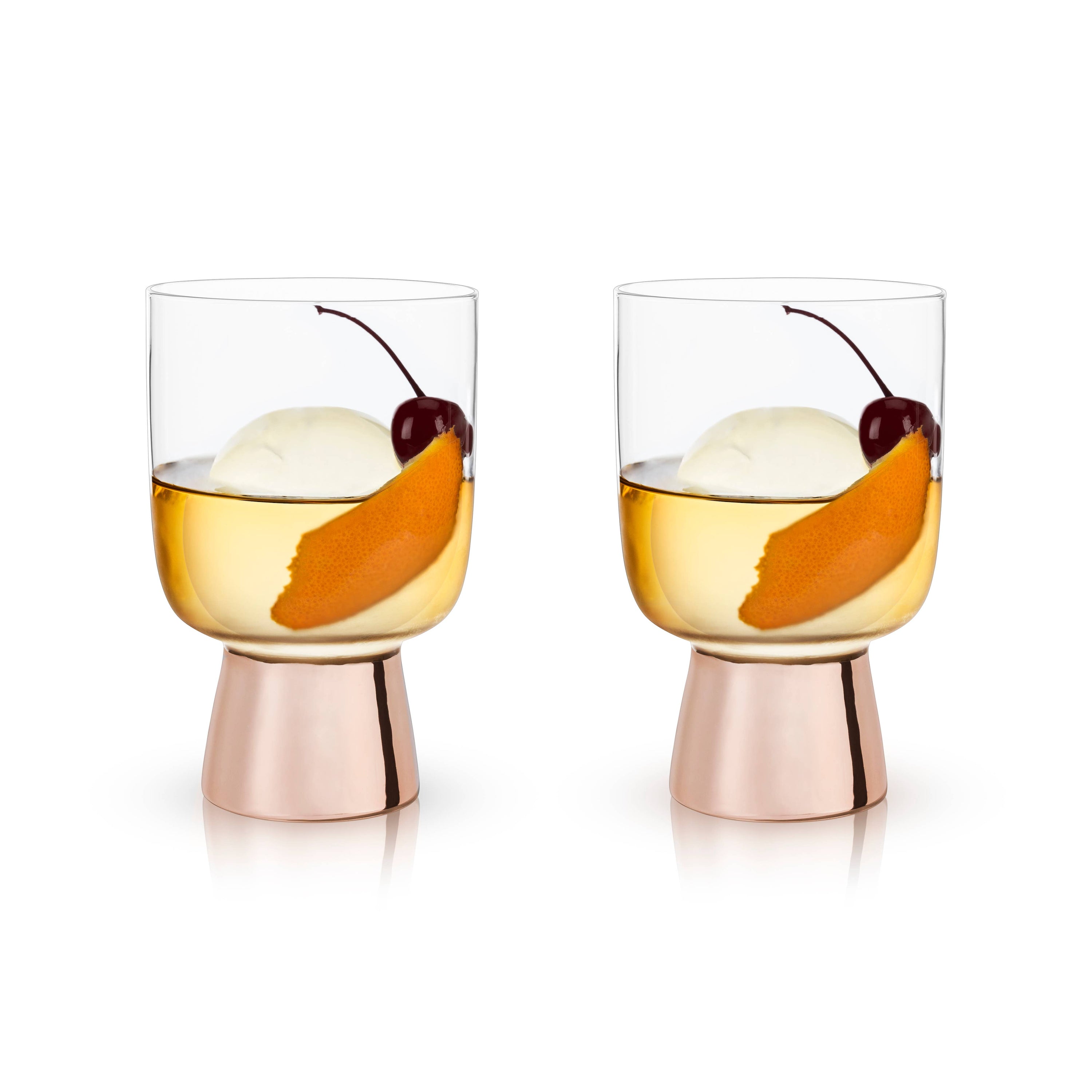 Set of 2 Raye Copper Footed Cocktail Tumblers with a copper-plated base and high-quality glass, elegantly displayed in a gift box.