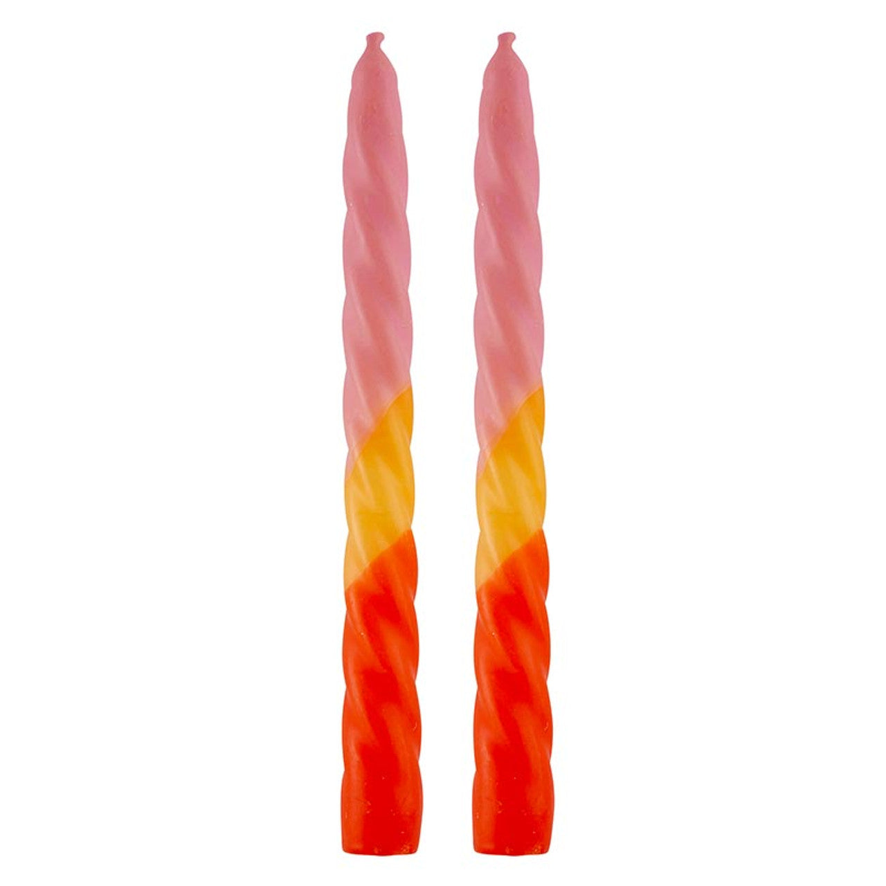 Set of 2 vibrant tapered candles in pink, yellow, and orange with a spiral design, perfect for home decor.