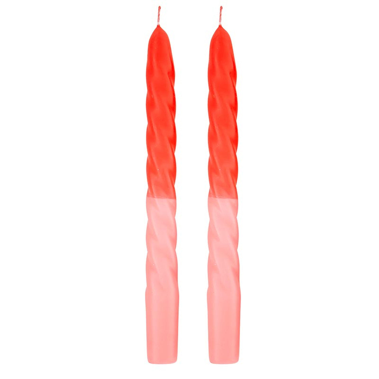 Set of 2 tapered candles in vibrant red and pink colors, perfect for table decor.