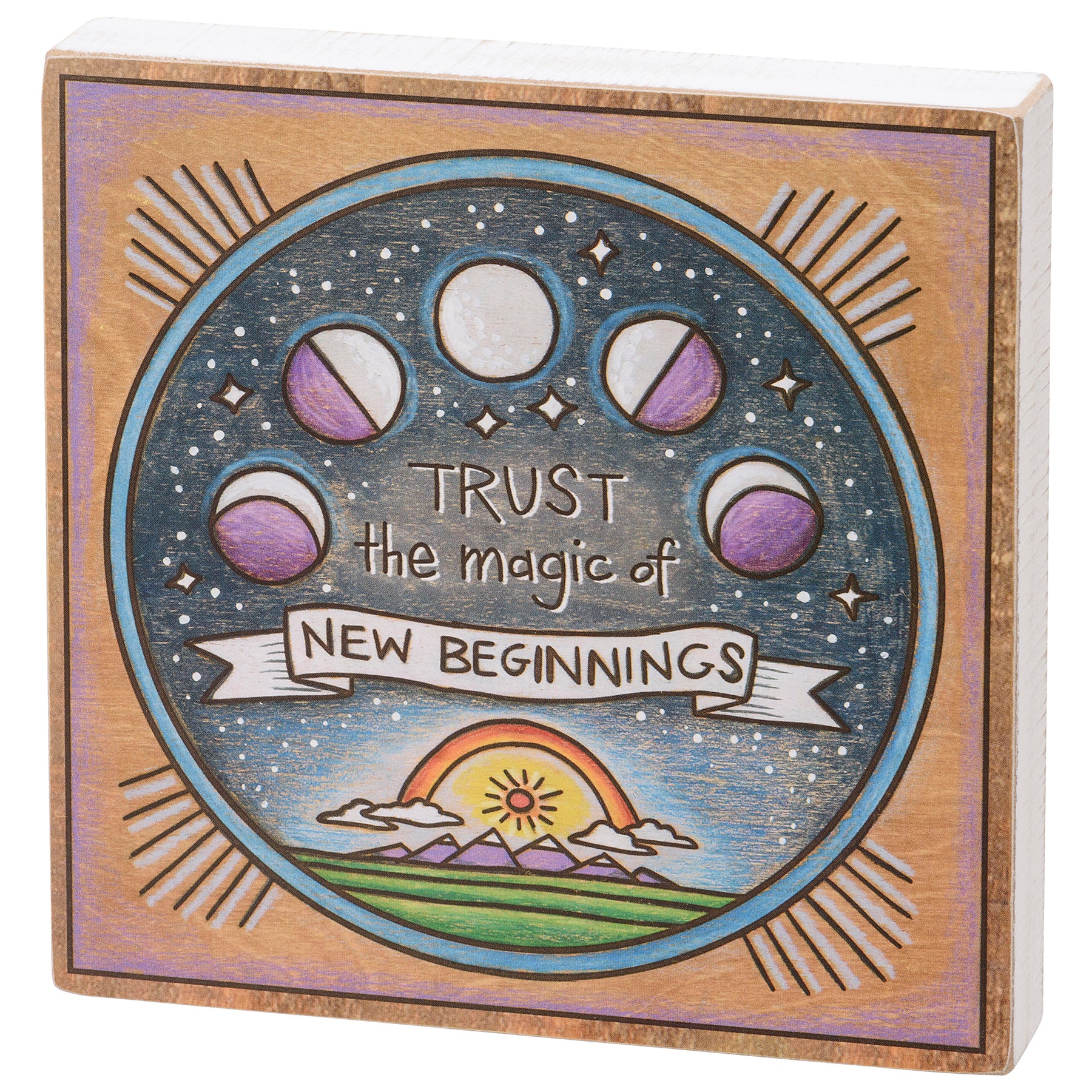 Set of 3 wooden block signs with celestial designs and inspirational quotes.