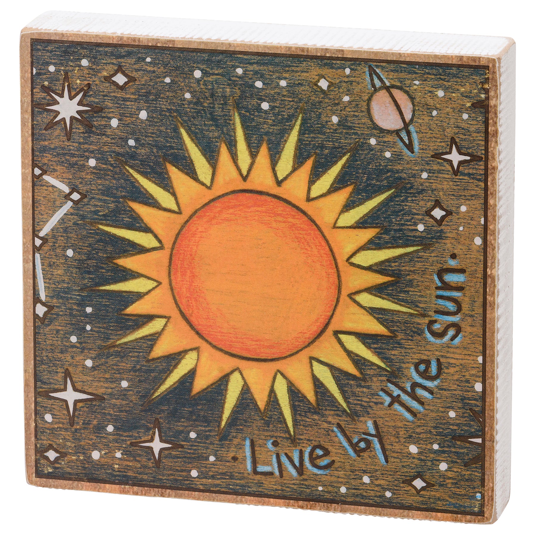 Set of 3 wooden block signs with celestial designs and inspirational quotes.