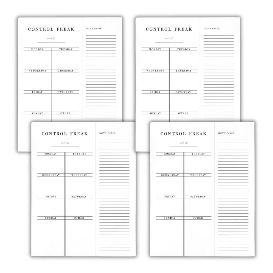Control Freak Weekly List Notepad featuring sections for daily tasks and meal planning, designed in a stylish black and white layout.