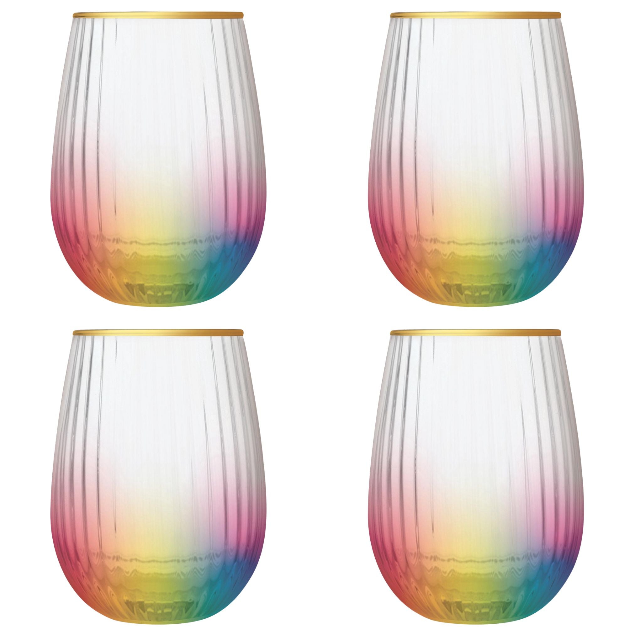 Set of 4 rainbow beveled stemless wine glasses with gold rim, showcasing vibrant colors and elegant design.