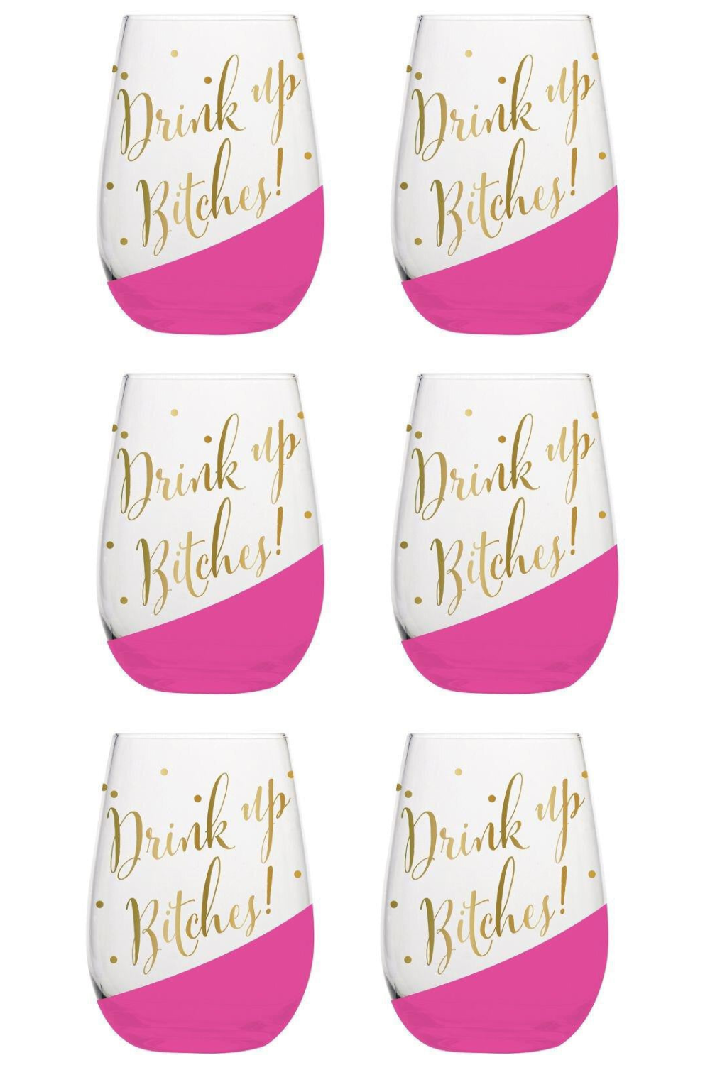 Set of 6 stemless wine glasses with gold lettering and playful design, perfect for parties and gatherings.