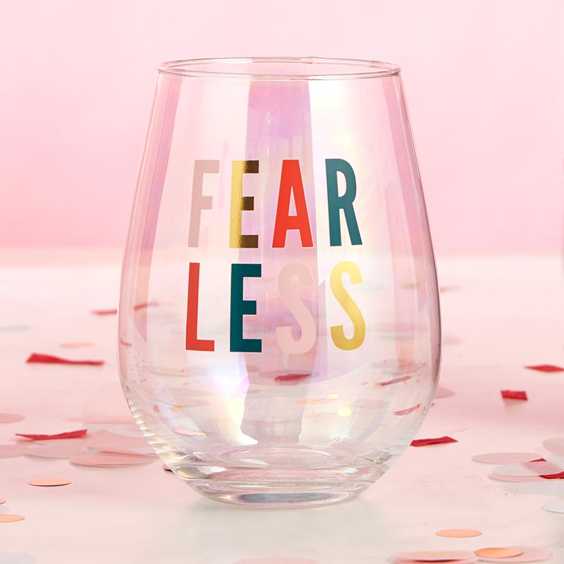 Set of 6 iridescent jumbo stemless wine glasses with 'Fearless' lettering, each holding 30 oz.