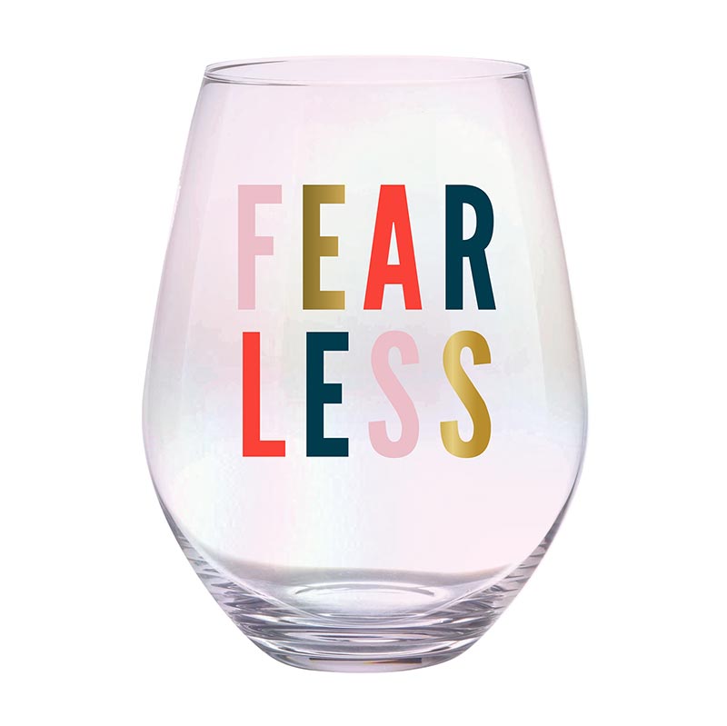 Set of 6 iridescent jumbo stemless wine glasses with 'Fearless' lettering, each holding 30 oz.