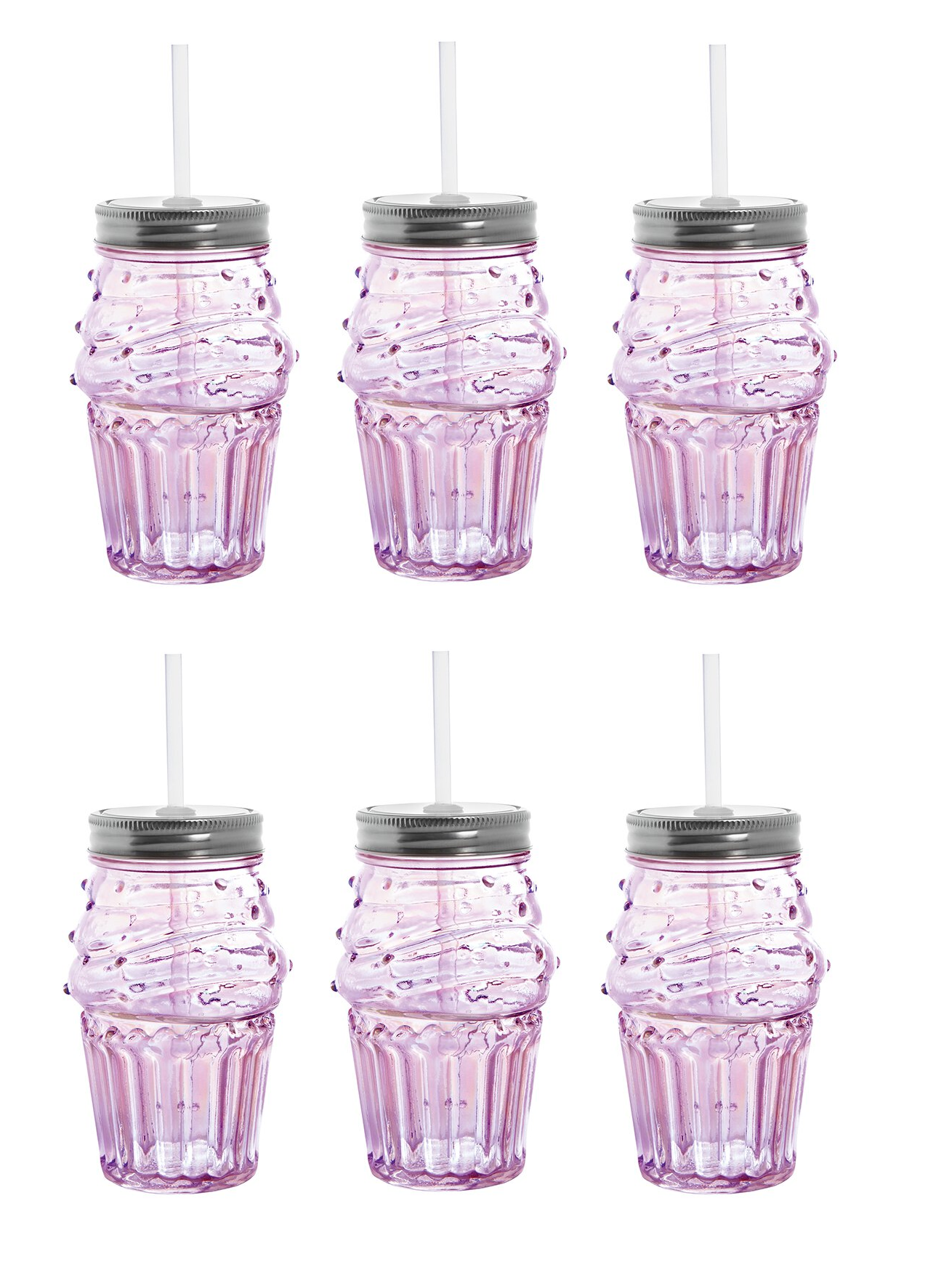 Set of 6 light pink glass cupcake sippers with metal lids and straws, perfect for cocktails and punch.