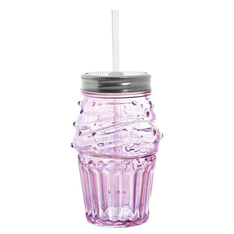 Set of 6 light pink glass cupcake sippers with metal lids and straws, perfect for cocktails and punch.