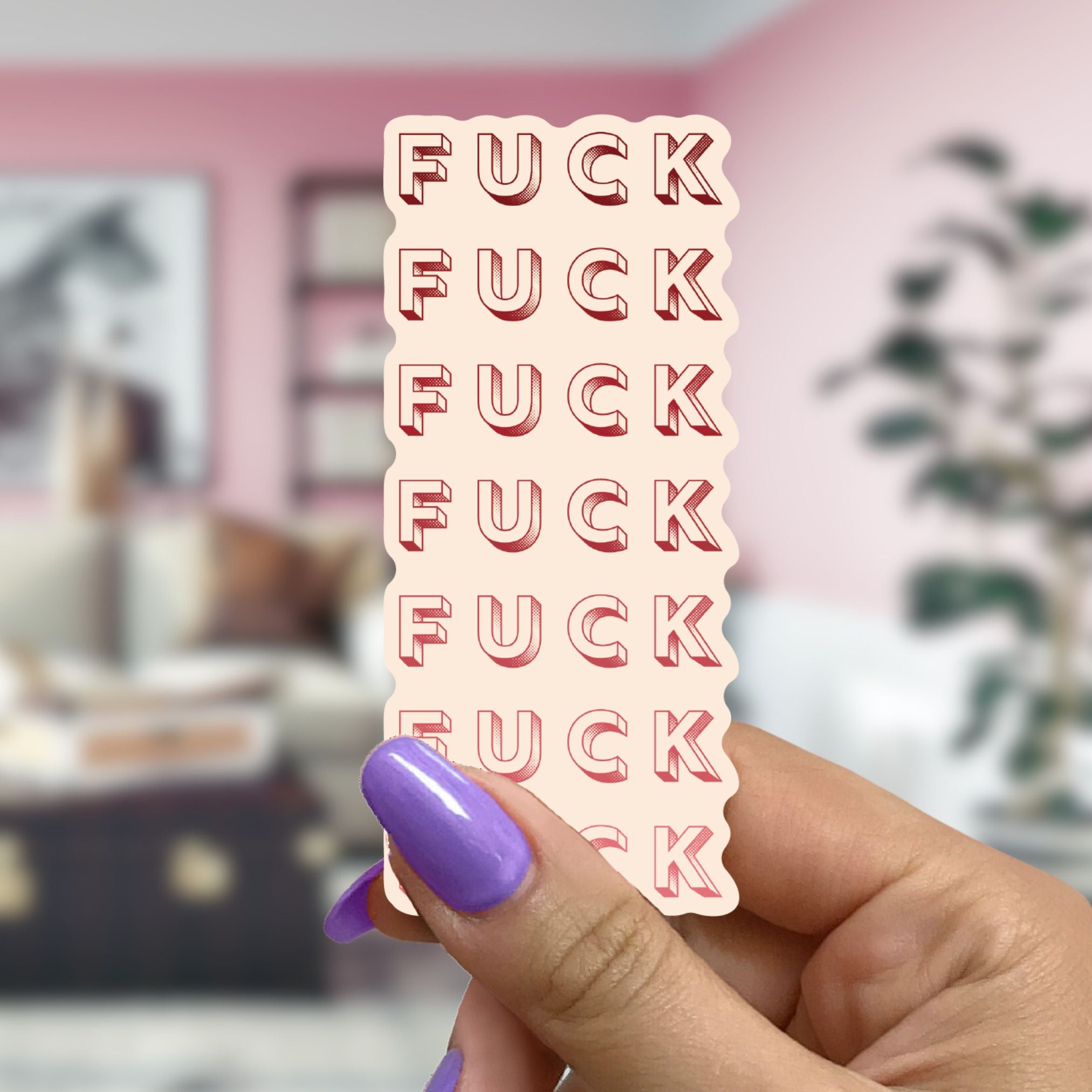 Seven Fucks Vertical Sticker featuring the phrase 'Fuck' repeated seven times in a bold, colorful design, perfect for personalizing items.