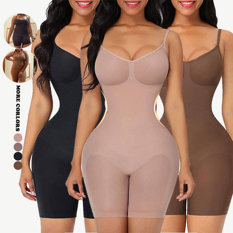 A seamless shapewear playsuit bodysuit in beige and black, designed to enhance natural shape with adjustable straps and breathable fabric.