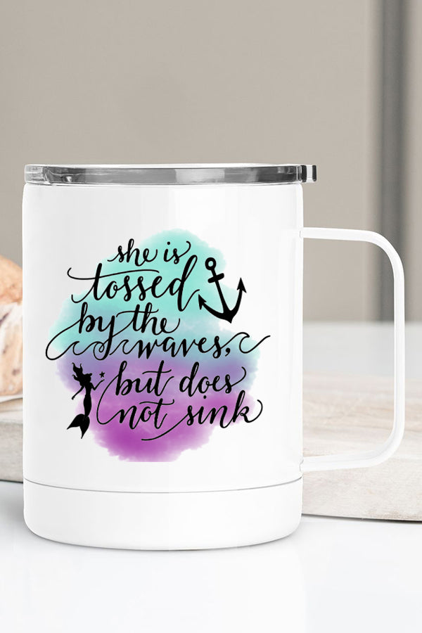 A stylish 12 oz stainless steel travel mug with a vibrant design featuring waves, double wall insulation, and a secure lid.