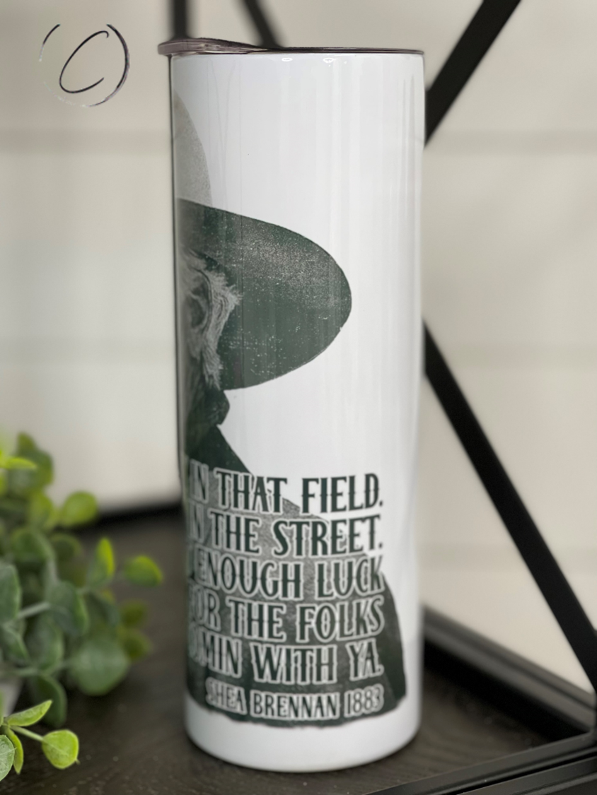 Shea Brennan 1883 20oz Skinny Tumbler with integrated design, reusable straw, and sleek silhouette.