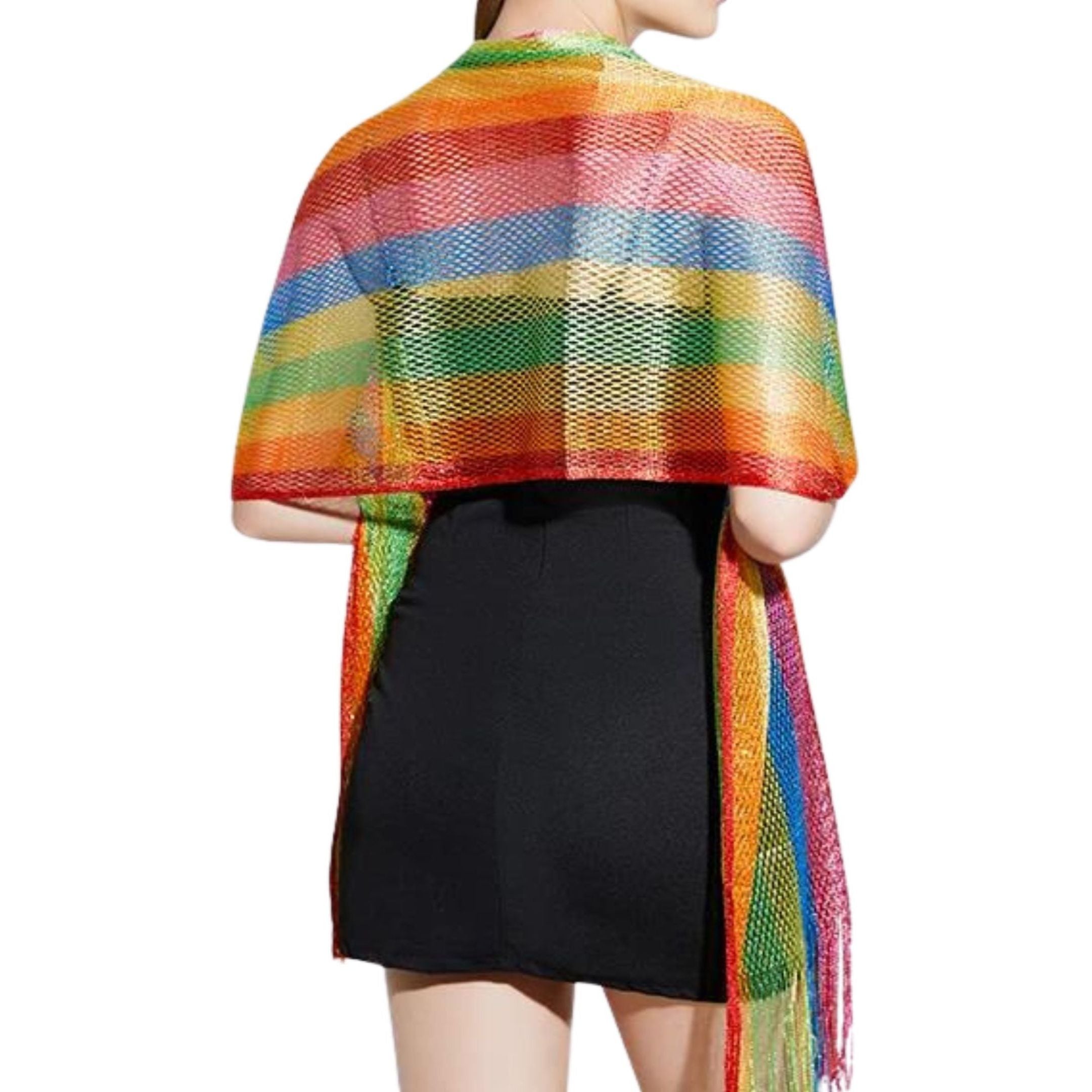 A vibrant Shimmer Mesh Pride Scarf Wrap in Rainbow Stripe, showcasing colorful stripes and a lightweight, shimmering mesh fabric, perfect for summer events.