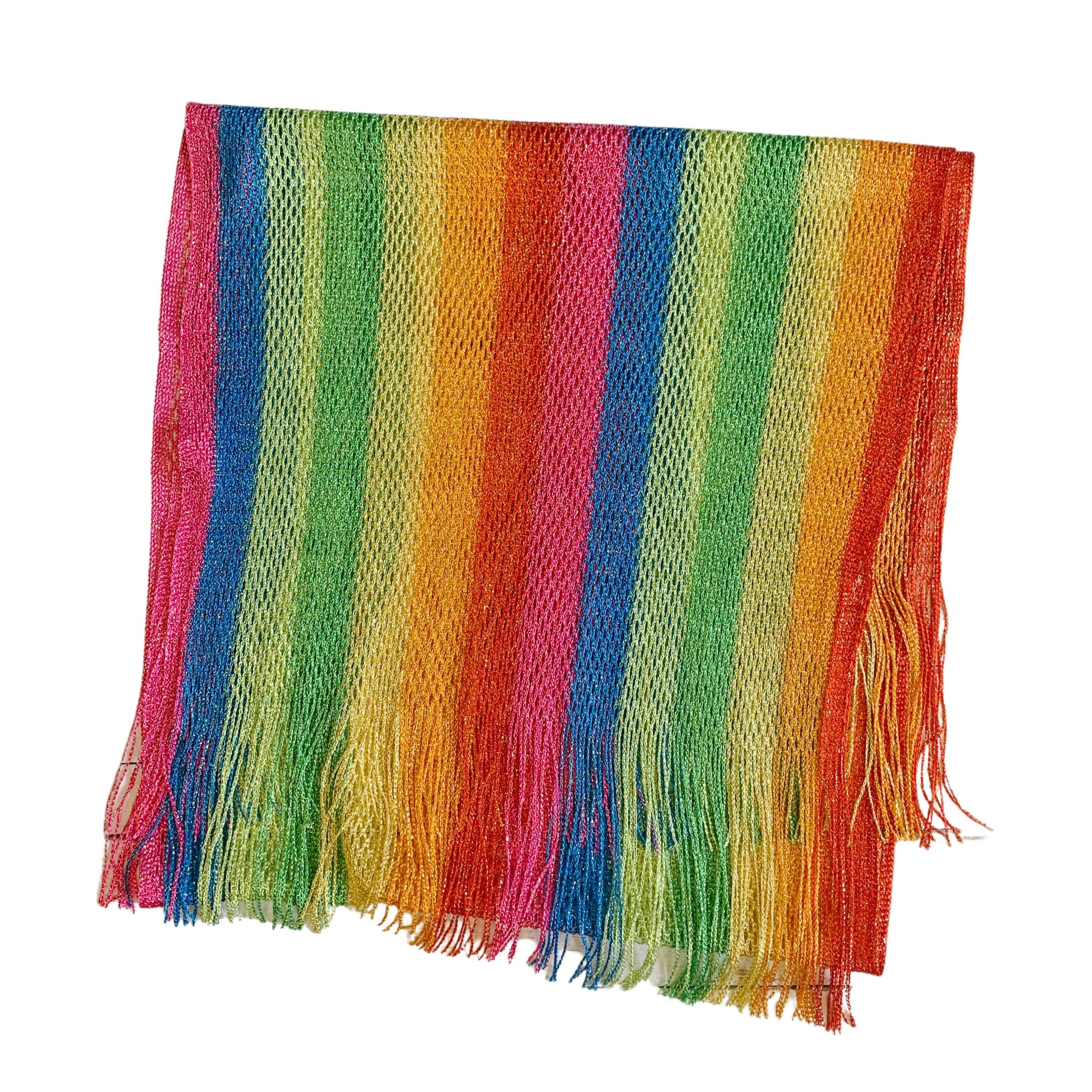 A vibrant Shimmer Mesh Pride Scarf Wrap in Rainbow Stripe, showcasing colorful stripes and a lightweight, shimmering mesh fabric, perfect for summer events.