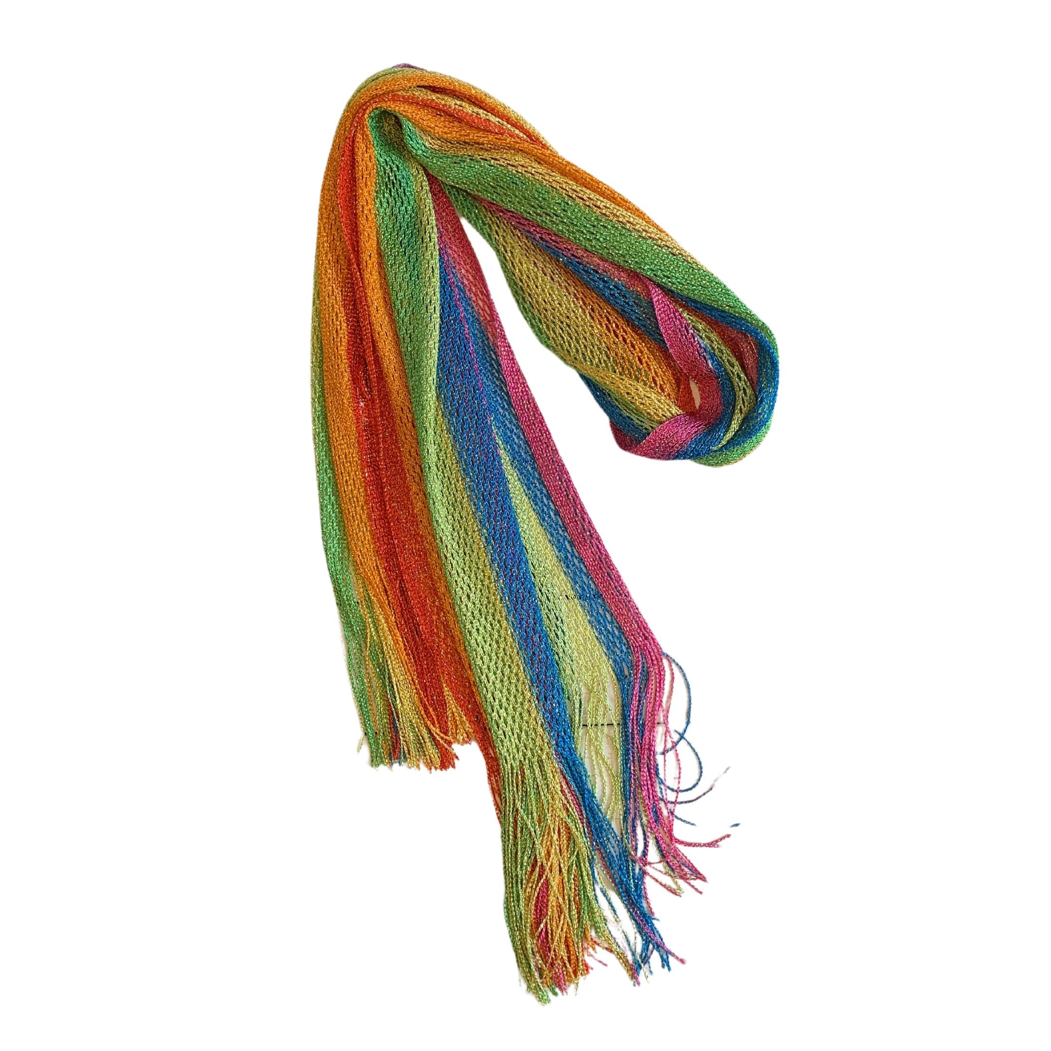 A vibrant Shimmer Mesh Pride Scarf Wrap in Rainbow Stripe, showcasing colorful stripes and a lightweight, shimmering mesh fabric, perfect for summer events.