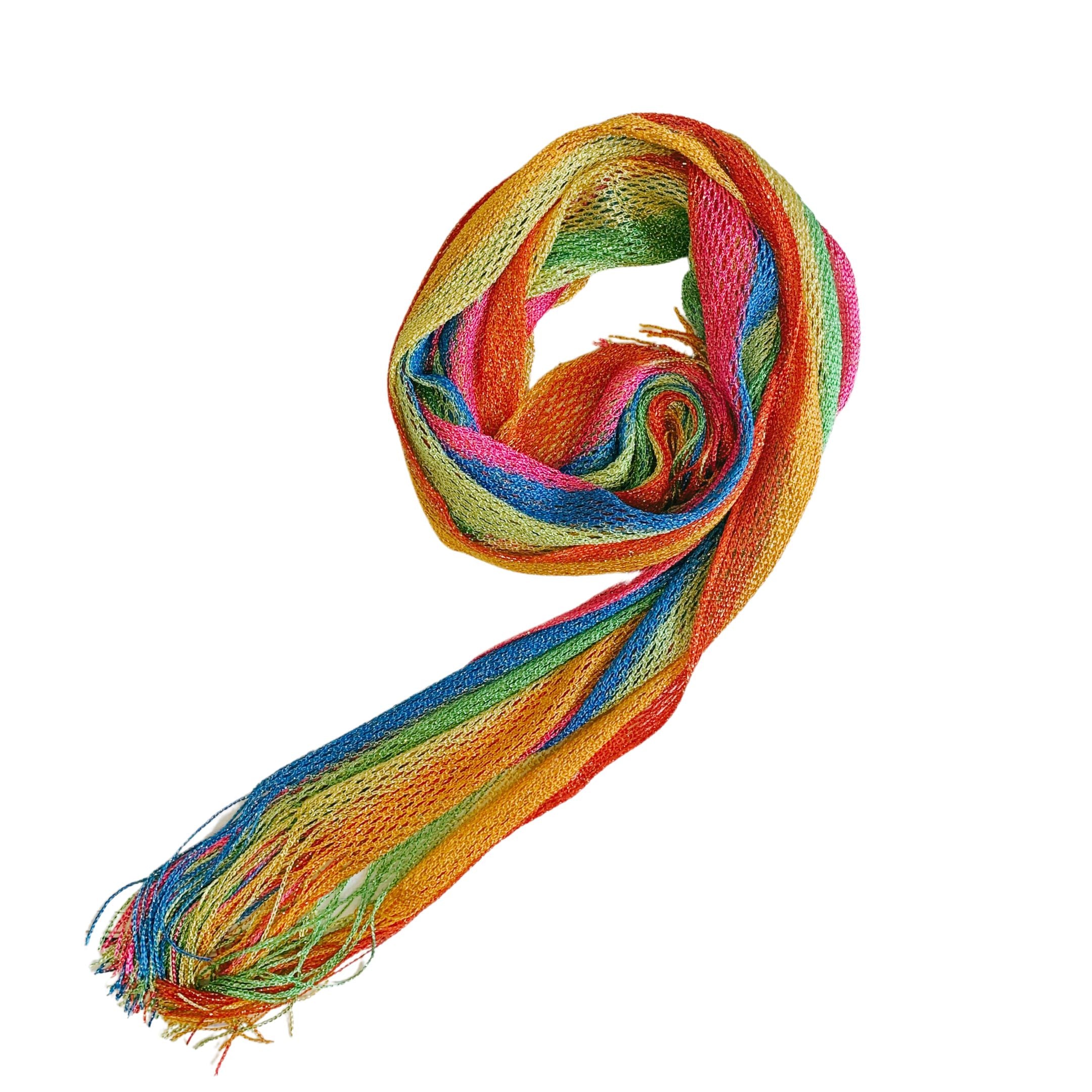 A vibrant Shimmer Mesh Pride Scarf Wrap in Rainbow Stripe, showcasing colorful stripes and a lightweight, shimmering mesh fabric, perfect for summer events.