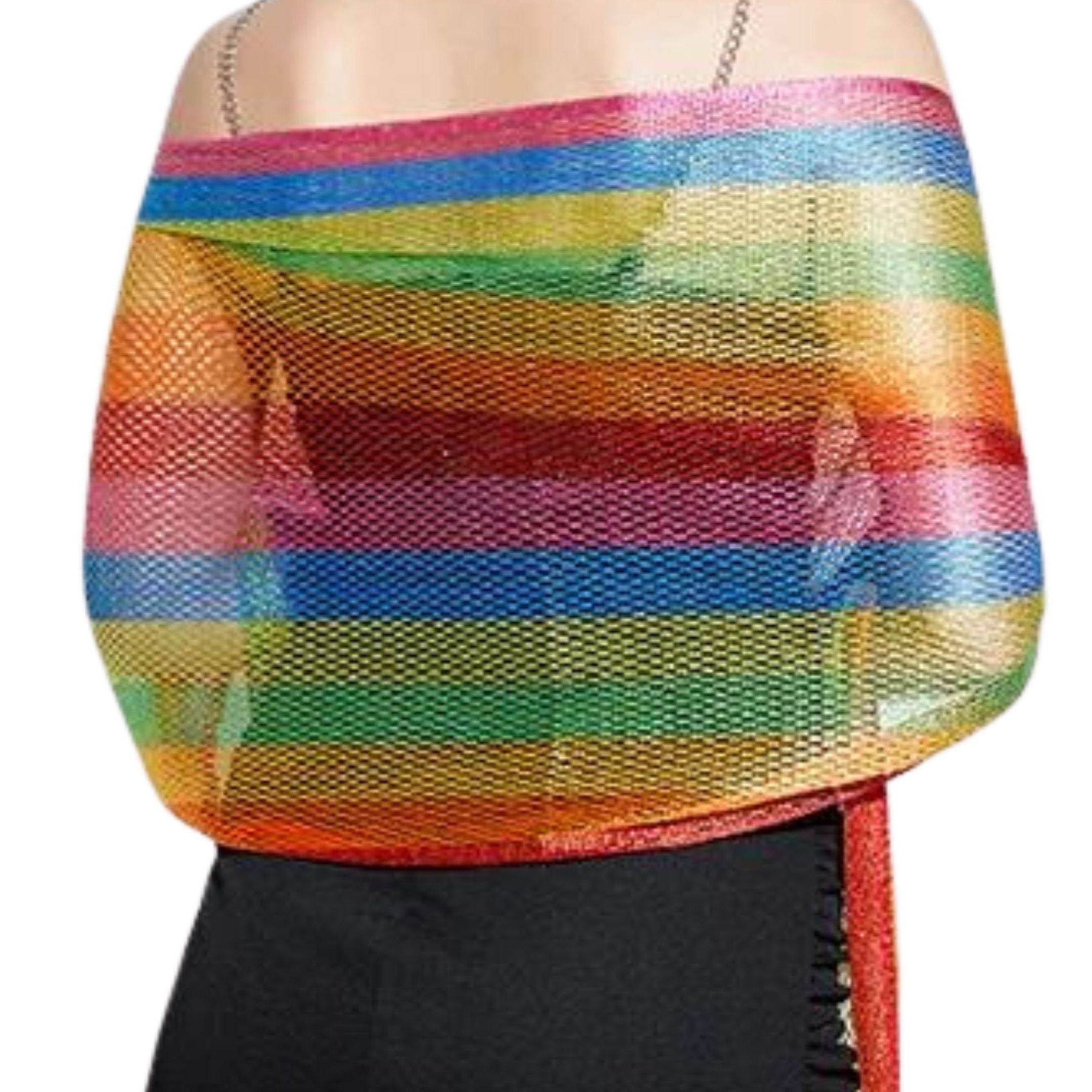 A vibrant Shimmer Mesh Pride Scarf Wrap in Rainbow Stripe, showcasing colorful stripes and a lightweight, shimmering mesh fabric, perfect for summer events.