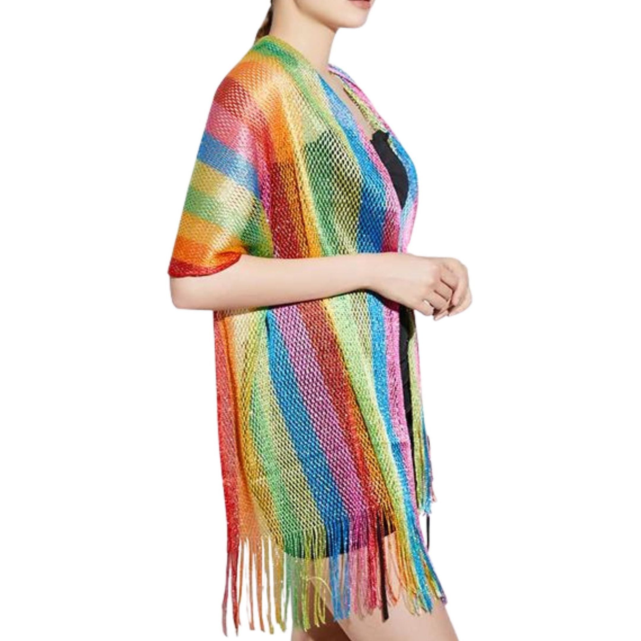 A vibrant Shimmer Mesh Pride Scarf Wrap in Rainbow Stripe, showcasing colorful stripes and a lightweight, shimmering mesh fabric, perfect for summer events.