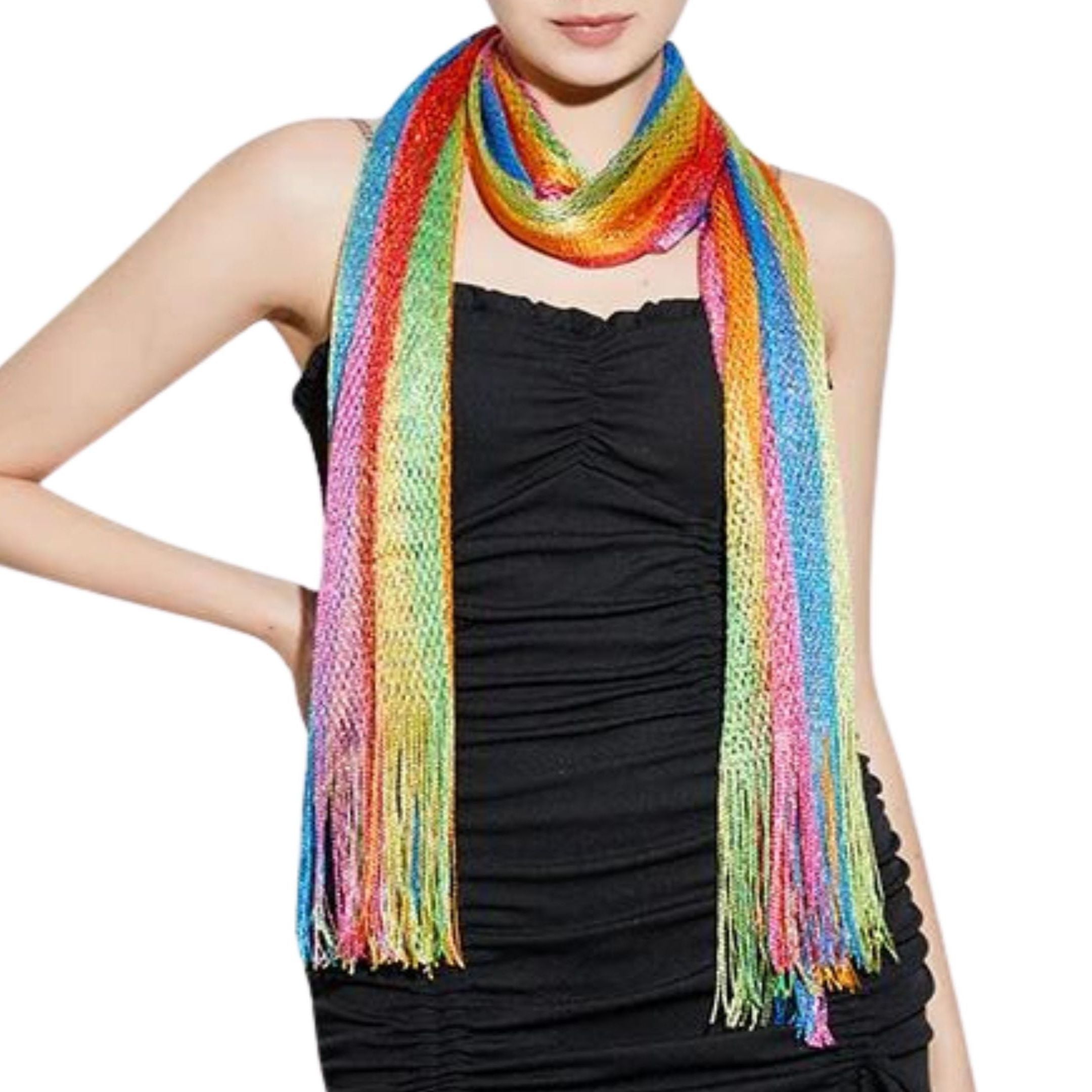A vibrant Shimmer Mesh Pride Scarf Wrap in Rainbow Stripe, showcasing colorful stripes and a lightweight, shimmering mesh fabric, perfect for summer events.