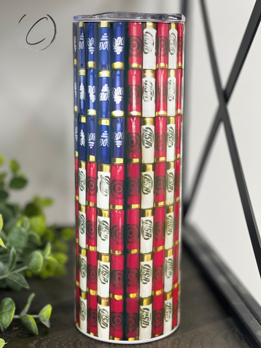 Shotgun Shells American Flag 20oz Skinny Tumbler showcasing a vibrant full wrap design with patriotic colors.