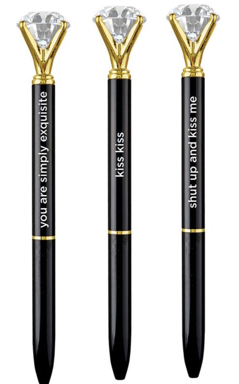 Shut Up And Kiss Me Black Gem Pen Set of 6 featuring stylish black metal pens with uplifting quotes.