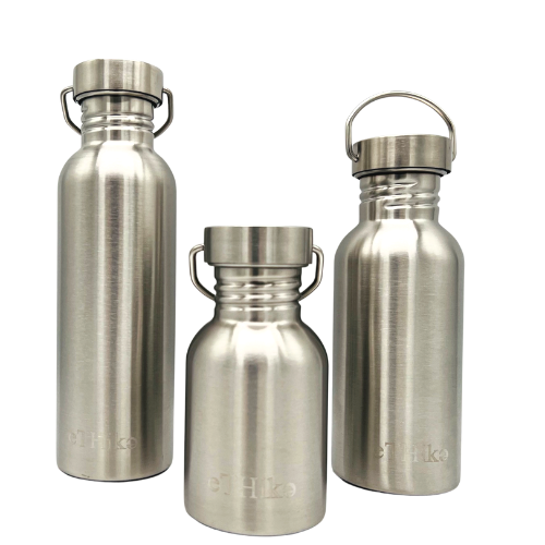 Single Wall Stainless Steel Water Bottle available in three sizes, showcasing its sleek design and premium quality material.