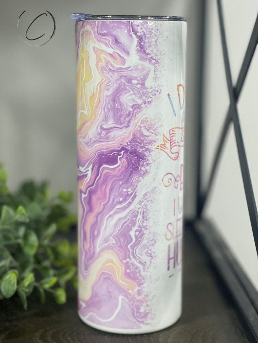 Sleep Like My Husband 20oz Skinny Tumbler with a vibrant full wrap design, perfect for hot and cold beverages.