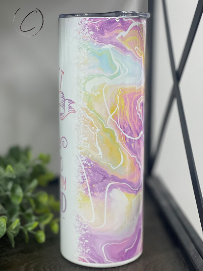 Sleep Like My Husband 20oz Skinny Tumbler with a vibrant full wrap design, perfect for hot and cold beverages.