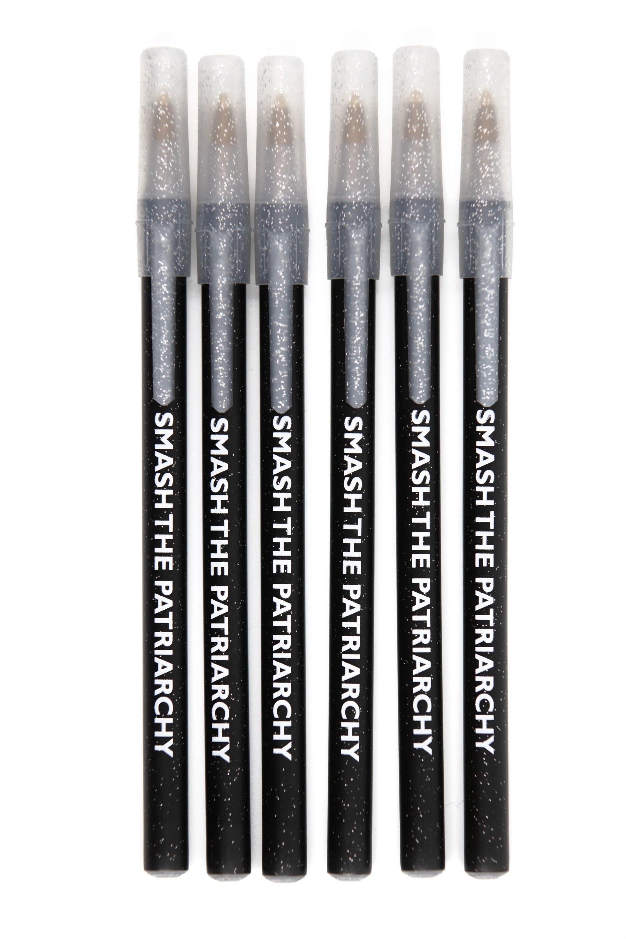A pack of six Galaxy Sparkle pens with the phrase 'SMASH THE PATRIARCHY' printed on them, featuring a black sparkle body and clear sparkle cap.
