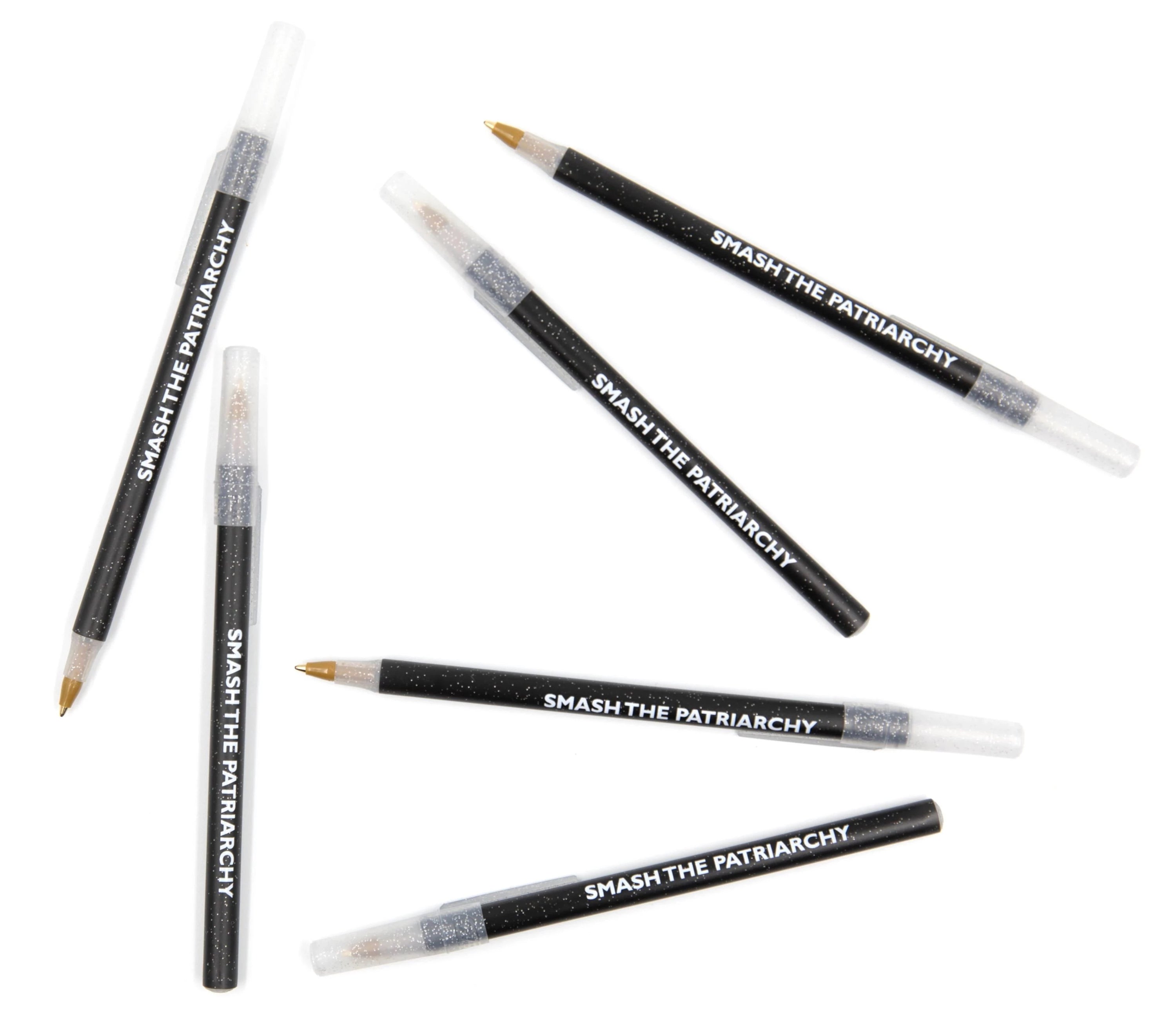 A pack of six Galaxy Sparkle pens with the phrase 'SMASH THE PATRIARCHY' printed on them, featuring a black sparkle body and clear sparkle cap.