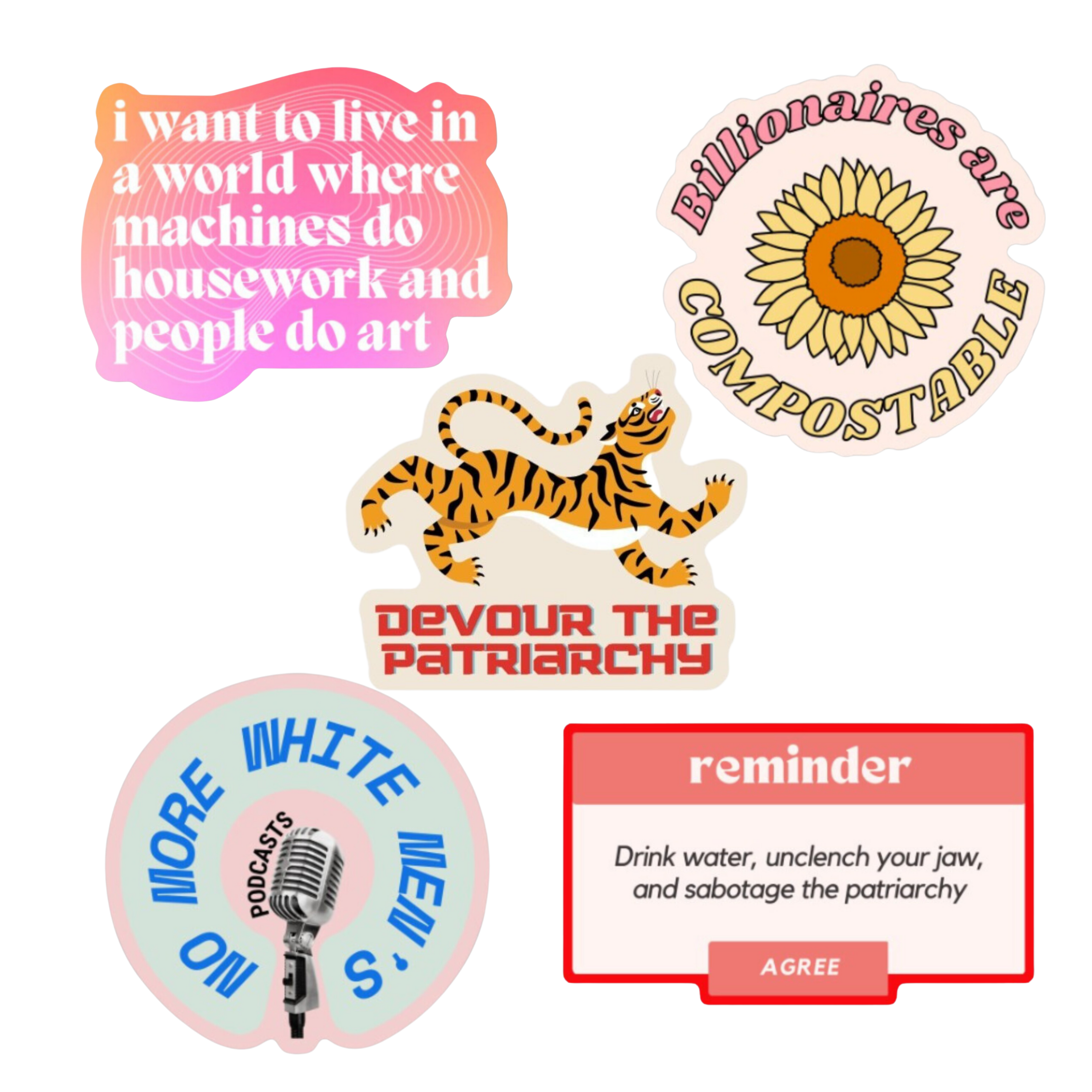 A collection of snarky feminist vinyl stickers featuring bold messages and vibrant colors, perfect for water bottles and laptops.