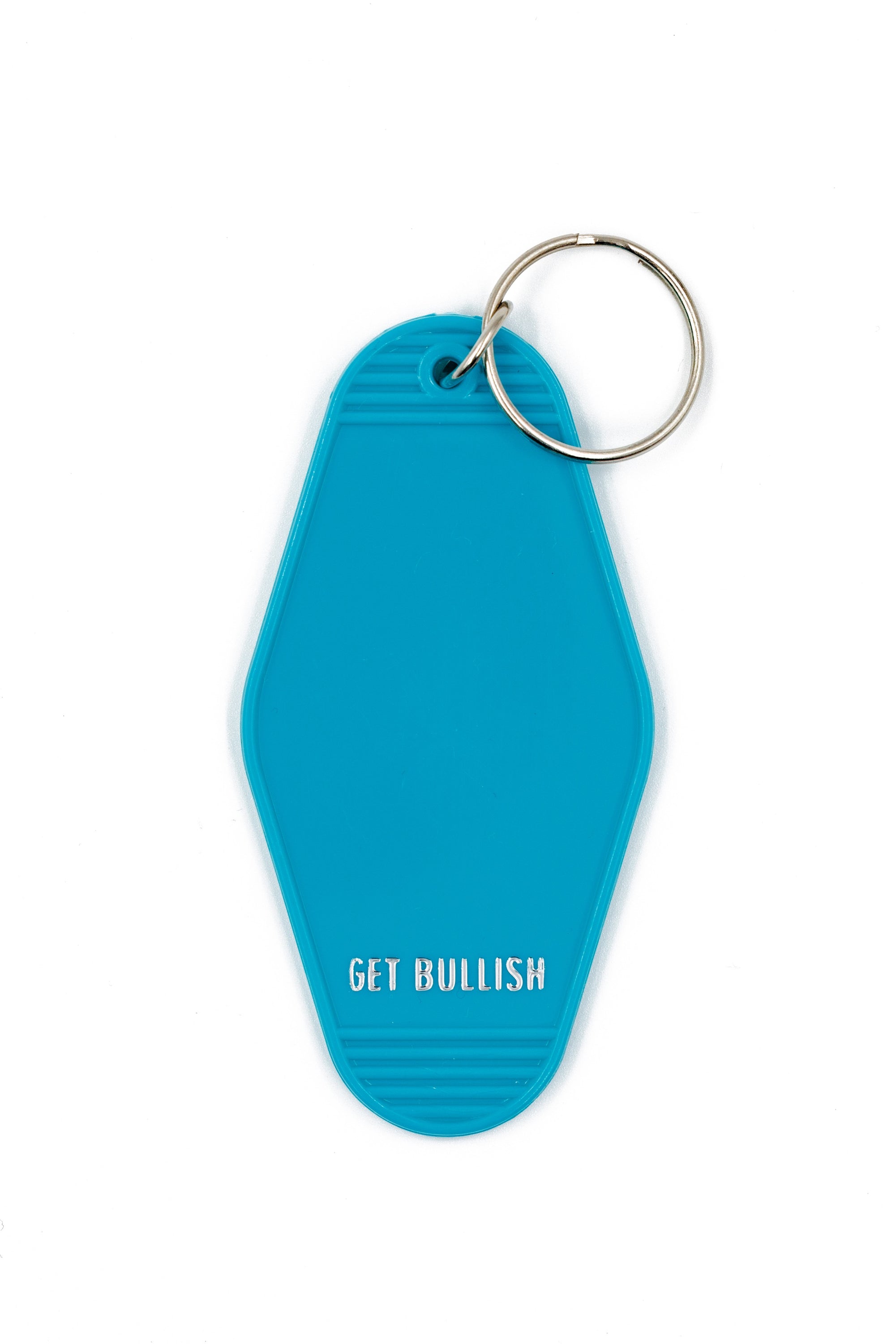 Aqua motel-style keychain with white lettering saying 'SO EXTRA I SWEAT SEQUINS', featuring a split ring for easy attachment.