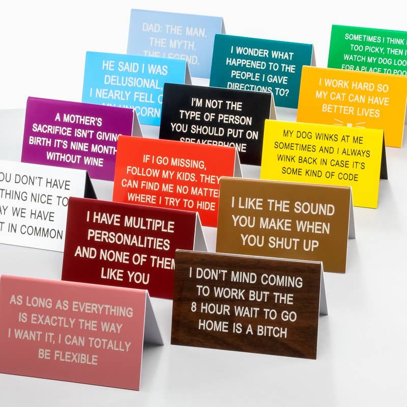 Mini desk sign reading 'So… Turns Out I’m Not An Afternoon Person Either', made of durable ABS plastic, perfect for office humor.