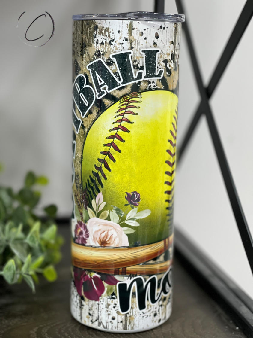 A stylish Softball Mom 20oz Skinny Tumbler featuring a vibrant design, perfect for hydration on-the-go.