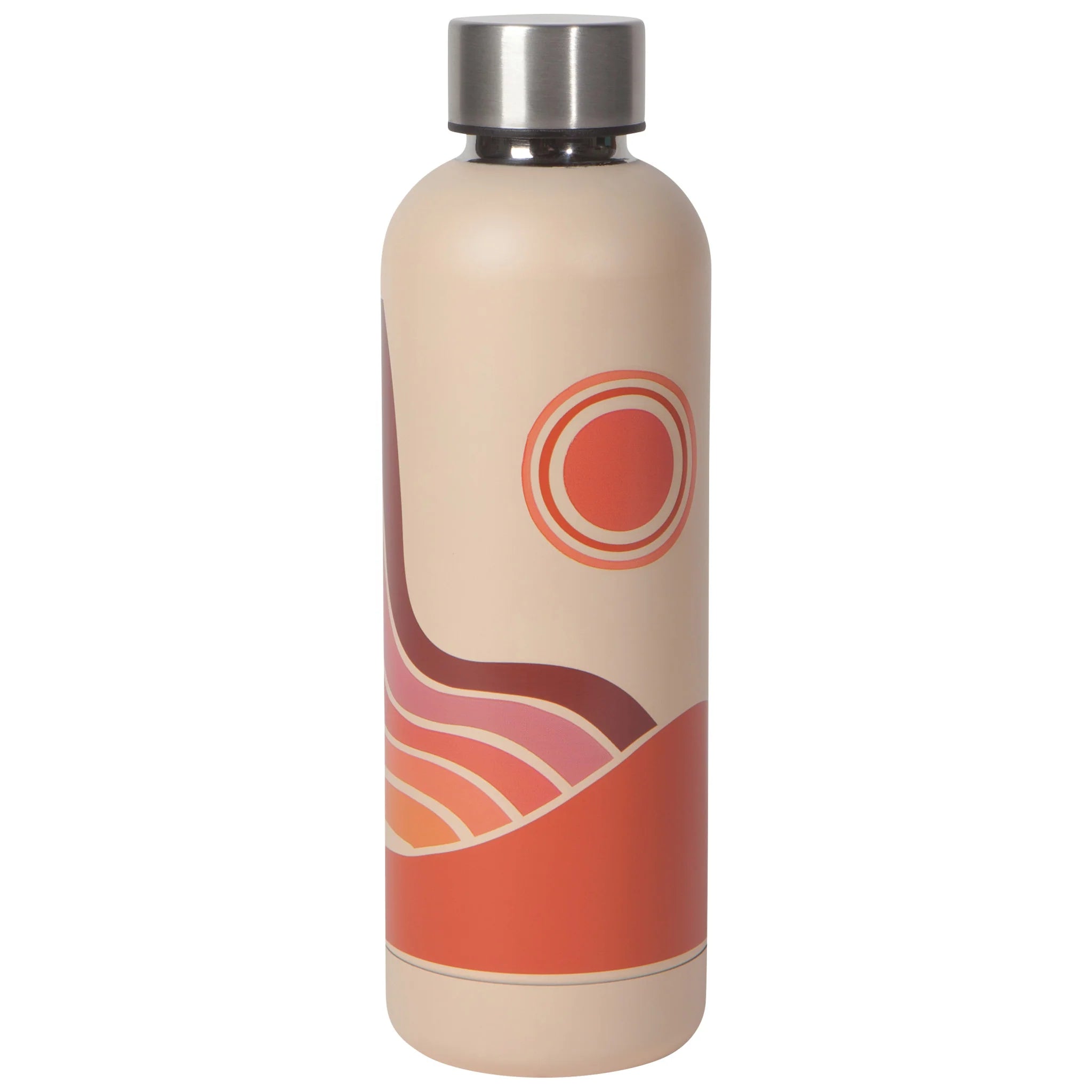 Solstice Hydration Stainless Steel Water Bottle with botanical design in a gift tube, showcasing abstract blossoms and delicate leaves.