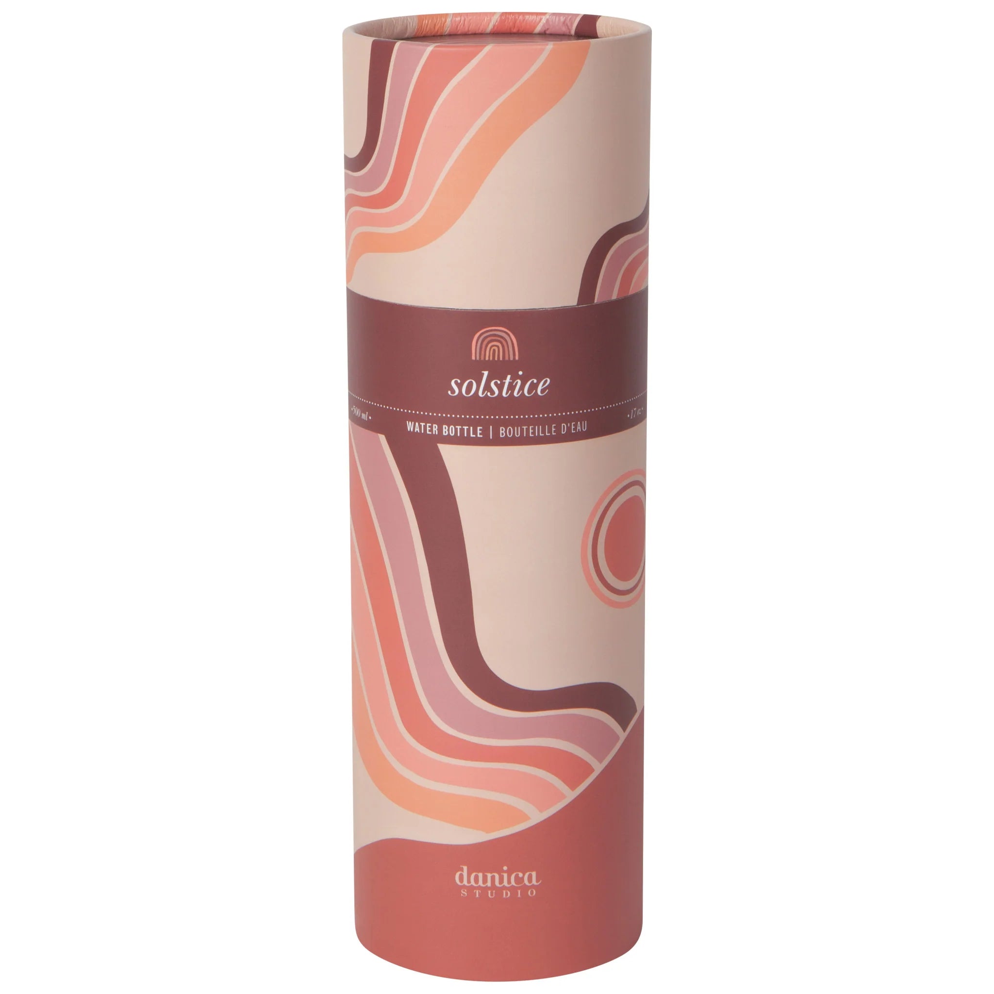 Solstice Hydration Stainless Steel Water Bottle with botanical design in a gift tube, showcasing abstract blossoms and delicate leaves.