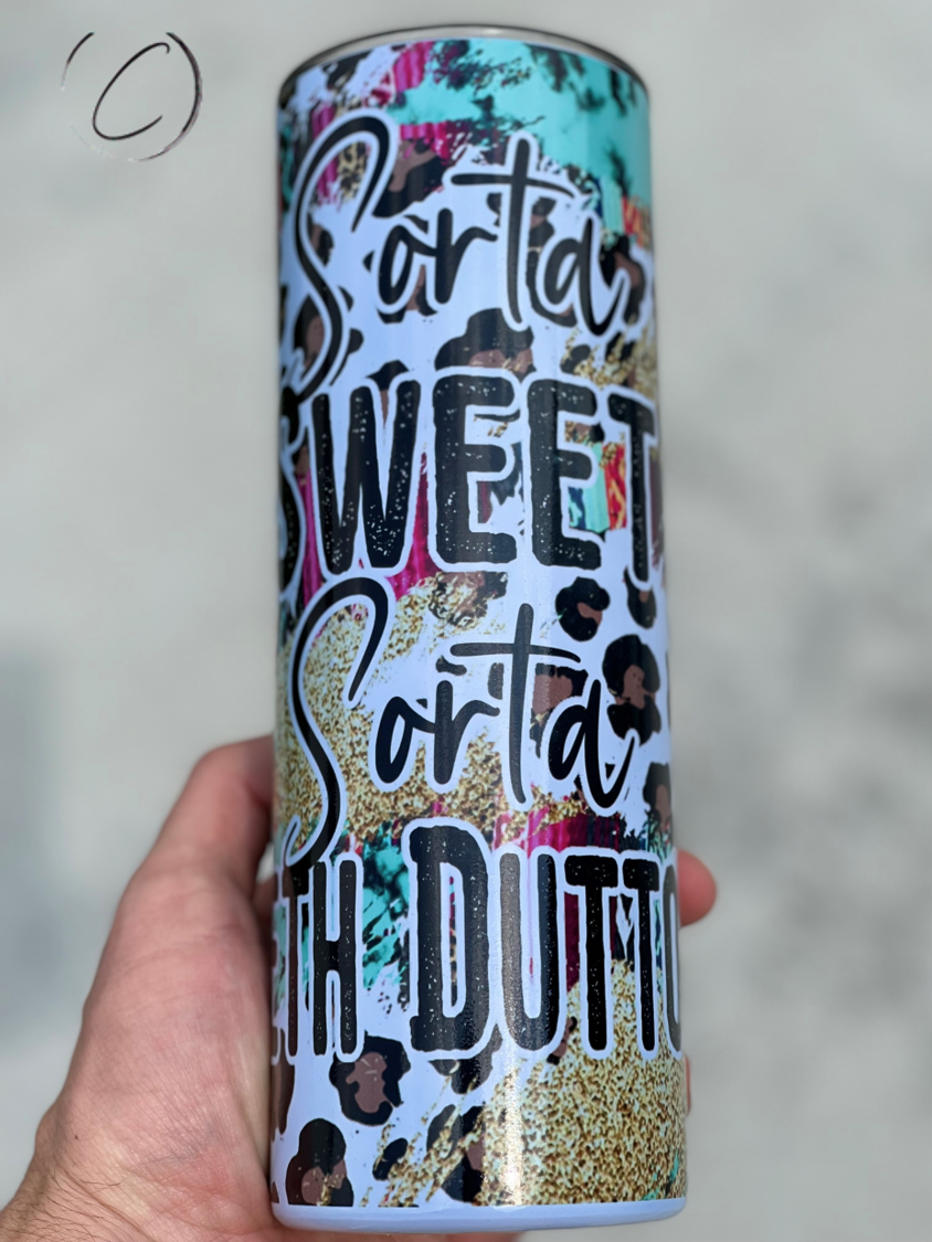 Sorta Sweet Sorta Beth Dutton 20oz UV Blue Skinny Tumbler showcasing its unique color-changing effect in sunlight.