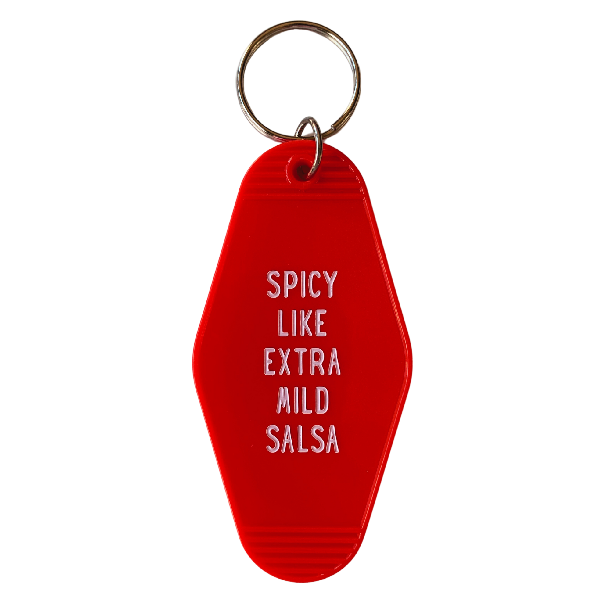 Red keychain with 'SPICY LIKE EXTRA MILD SALSA' in motel style design, featuring a split ring for keys.