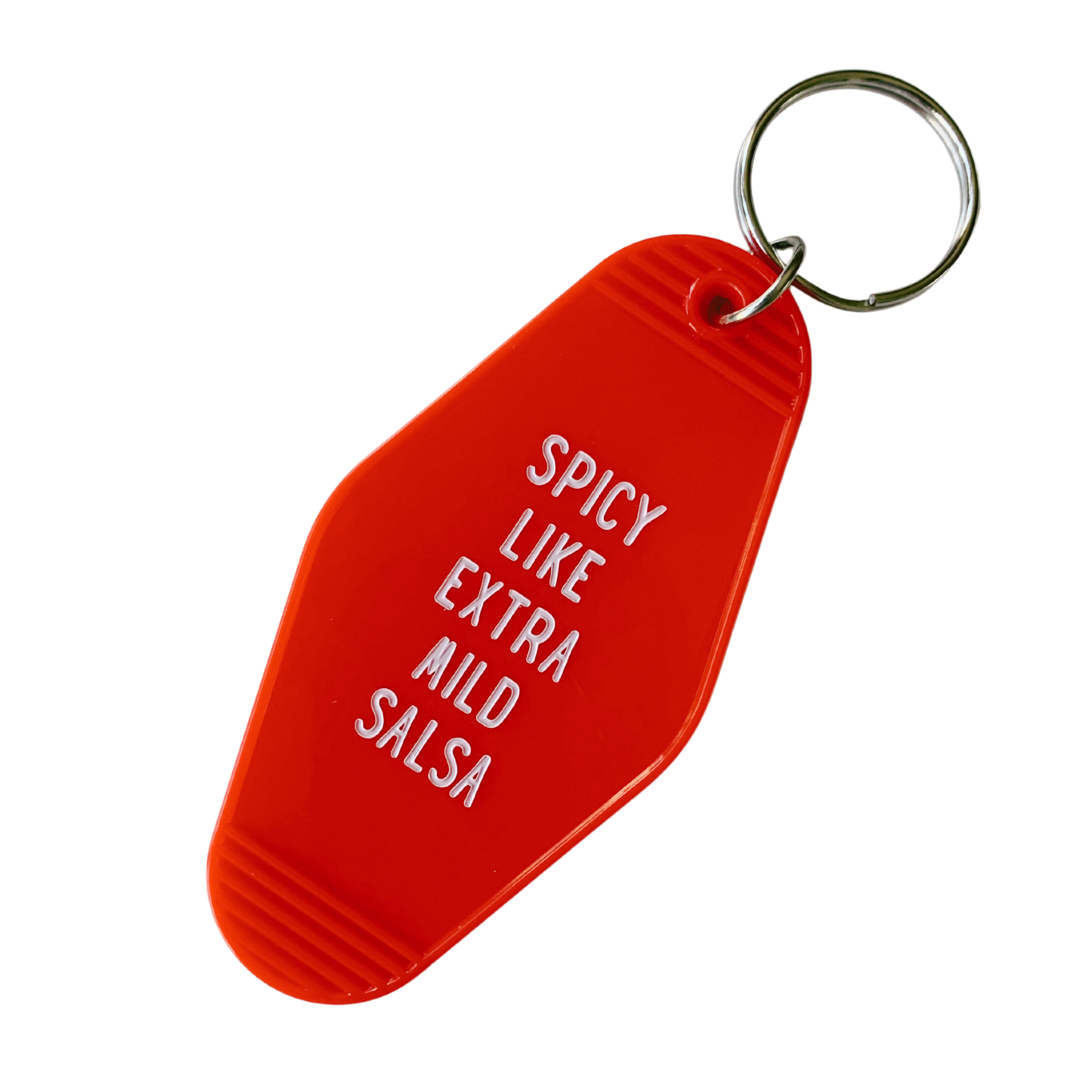 Red keychain with 'SPICY LIKE EXTRA MILD SALSA' in motel style design, featuring a split ring for keys.