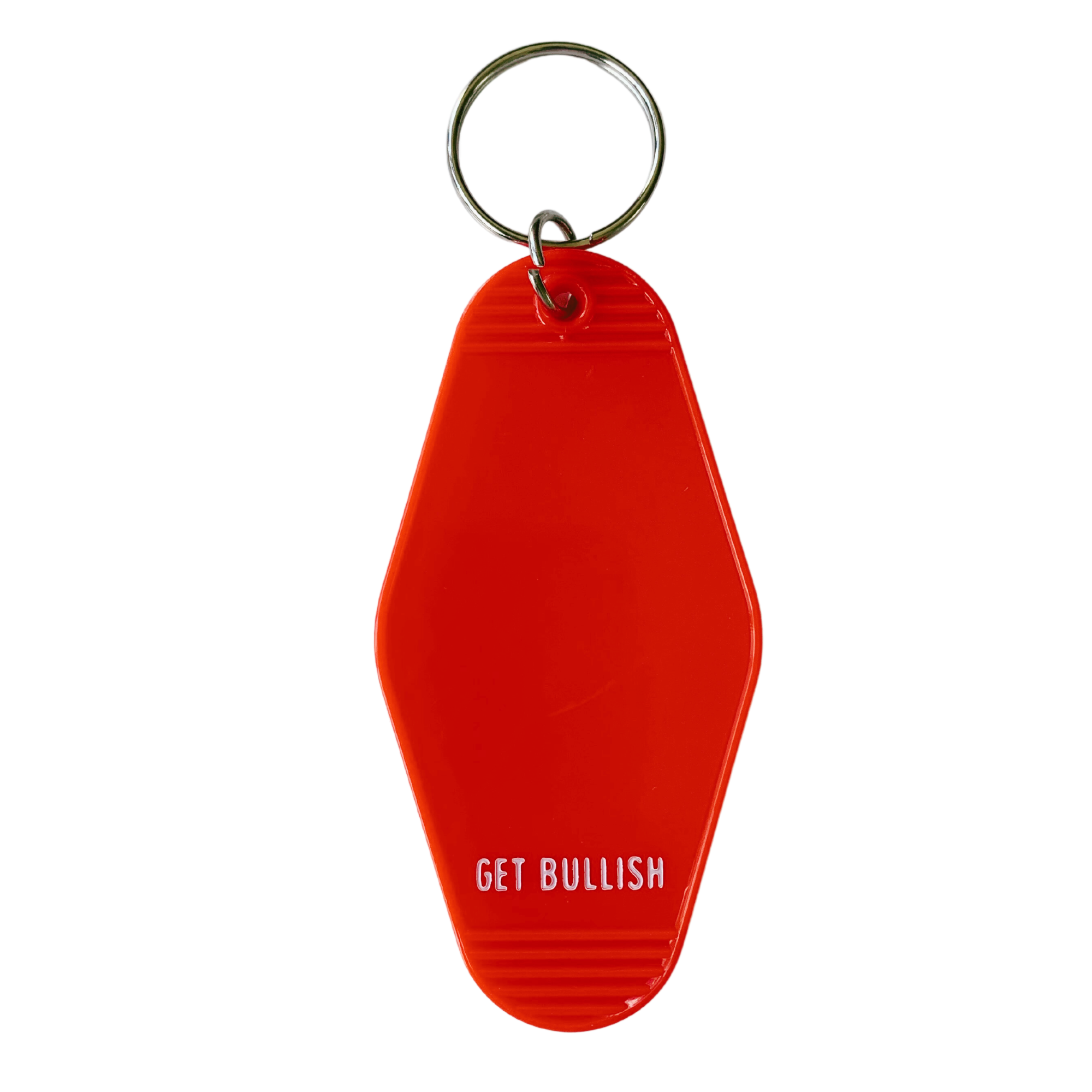 Red keychain with 'SPICY LIKE EXTRA MILD SALSA' in motel style design, featuring a split ring for keys.