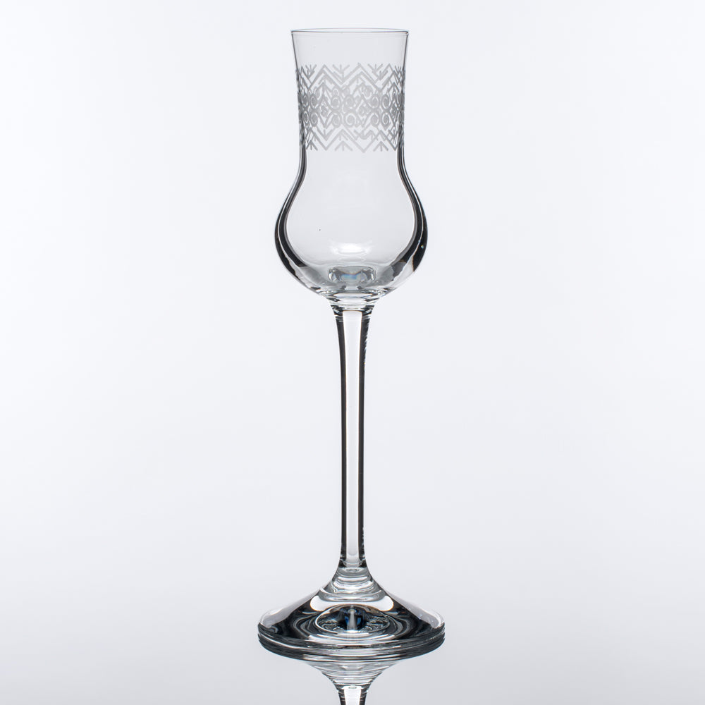 Set of 6 Spirits Glasses in an elegant gift box, showcasing their tall, flute-shaped design for optimal aroma and taste enhancement.