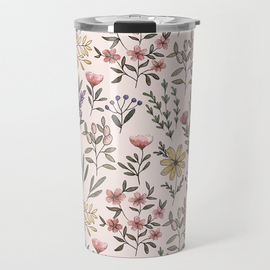 Spring Botanical Travel Coffee Mug featuring a beautiful botanical design, made of lightweight stainless steel with a vacuum-sealed lid.