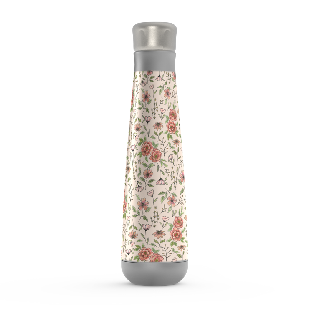 Spring Floral Peristyle Water Bottle with a vibrant floral design, made of stainless steel, showcasing its sleek shape and screw-on lid.