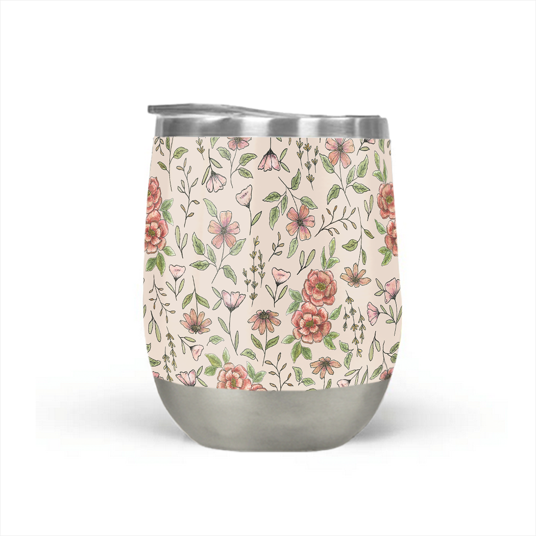 Spring Floral Stemless Wine Tumbler with vibrant floral design, showcasing its stainless steel construction and plastic lid.