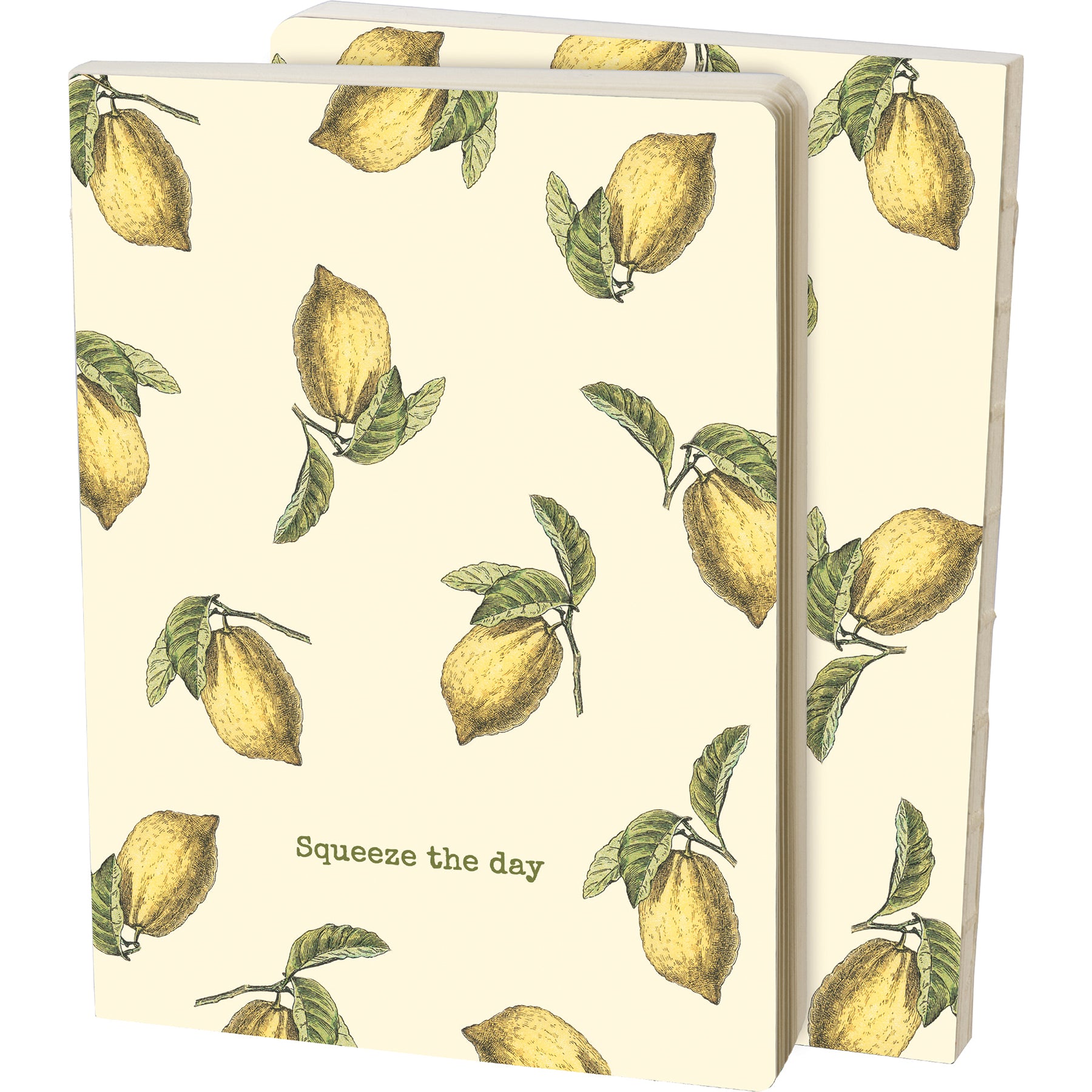 Squeeze The Day Journal featuring lemon designs and lined pages, showcasing the front and back cover.