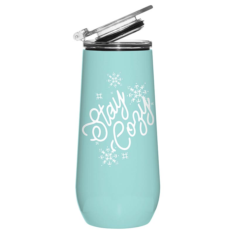 Mint green stainless steel champagne tumbler with 'Stay Cozy' lettering, perfect for holiday celebrations.