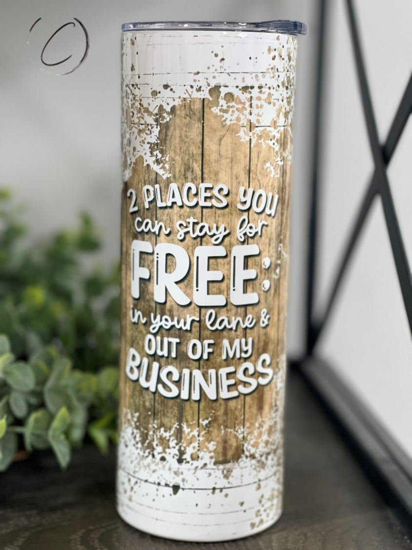 Stay For Free 20oz Skinny Tumbler with a vibrant full wrap design, includes a reusable straw.